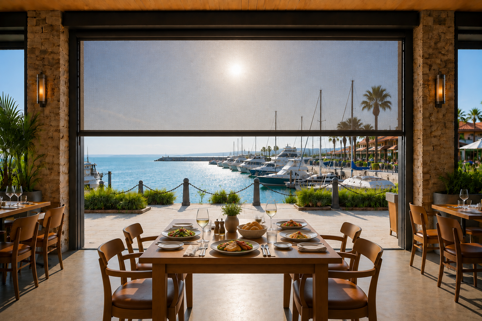 Motorized commercial patio screens partially lowered on a waterfront restaurant patio, providing flexible sun and wind protection while preserving the open view.