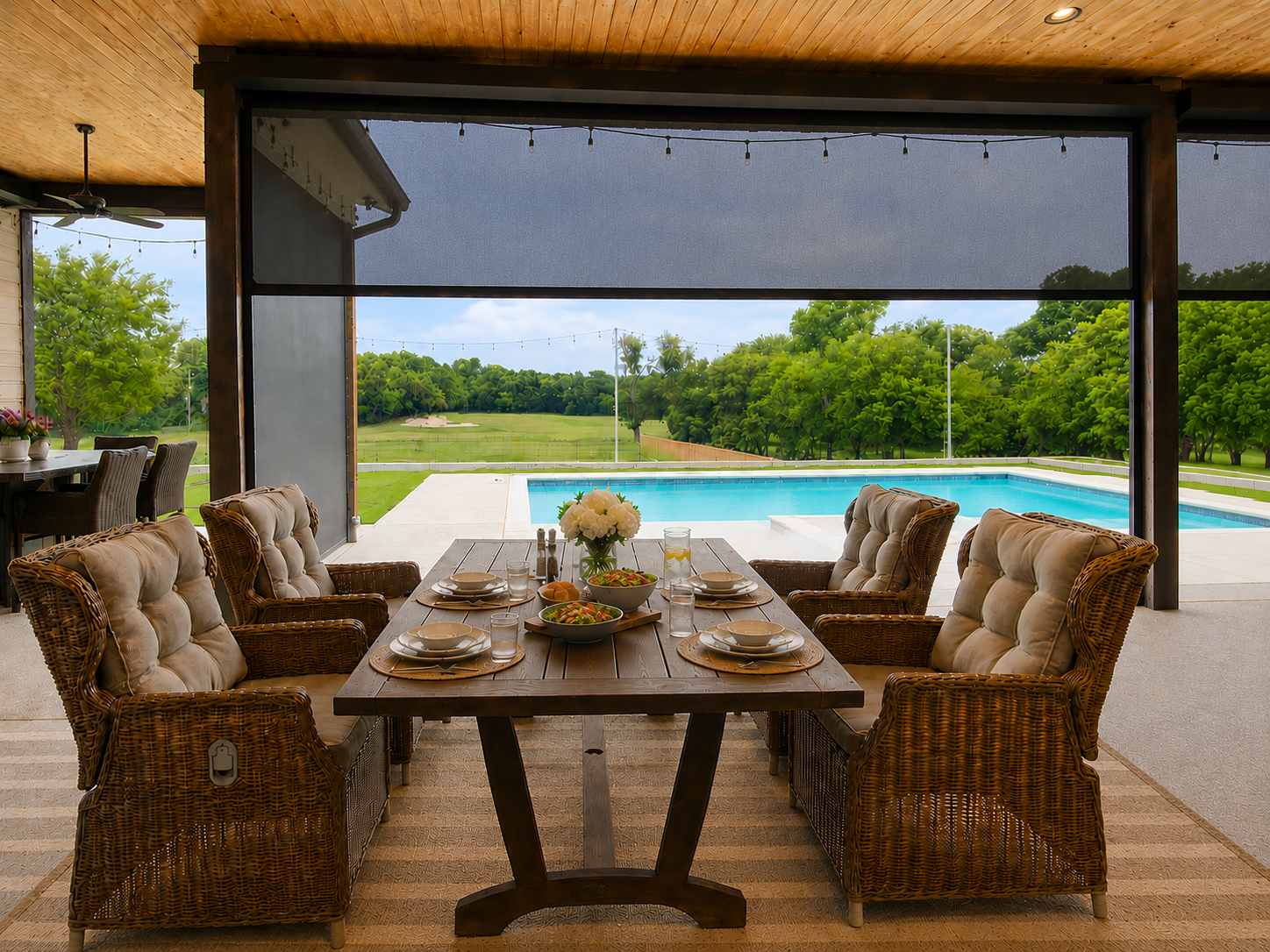 A circular outdoor dining table on a patio overlooking a field and pool, set for lunch