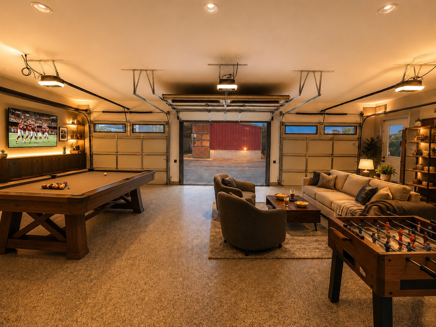 Friends gathered casually in a transformed garage — warm string lights, comfortable chairs, evening glow, with motorized garage screens near me making the space usable year-round.