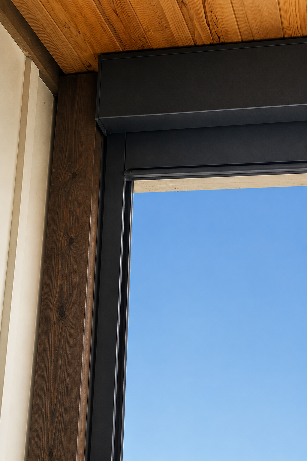 Macro detail of a precision-mitered join between anthracite aluminium profiles.