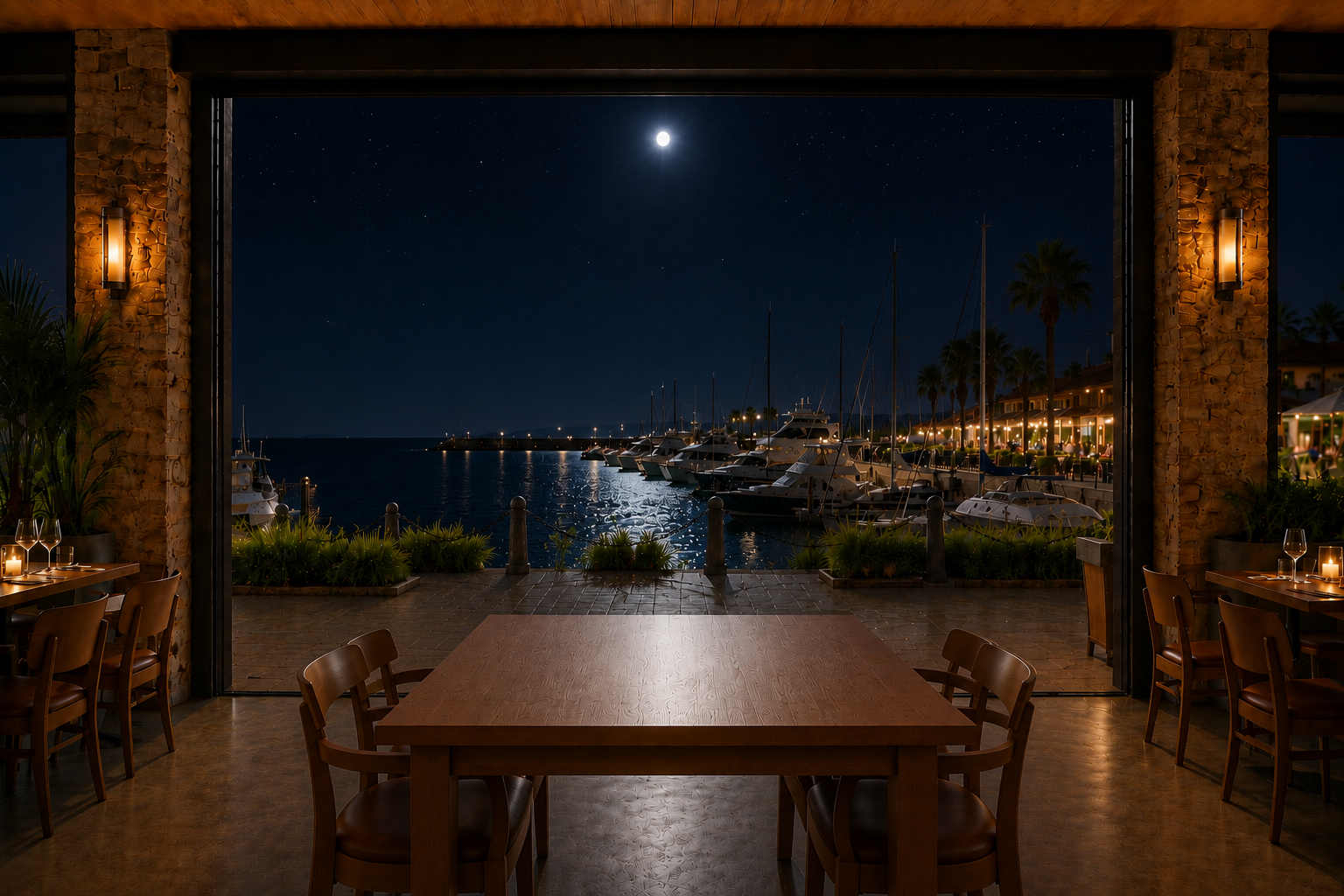 Retractable commercial patio screens fully retracted after evening service, leaving the waterfront restaurant patio open and unobstructed.