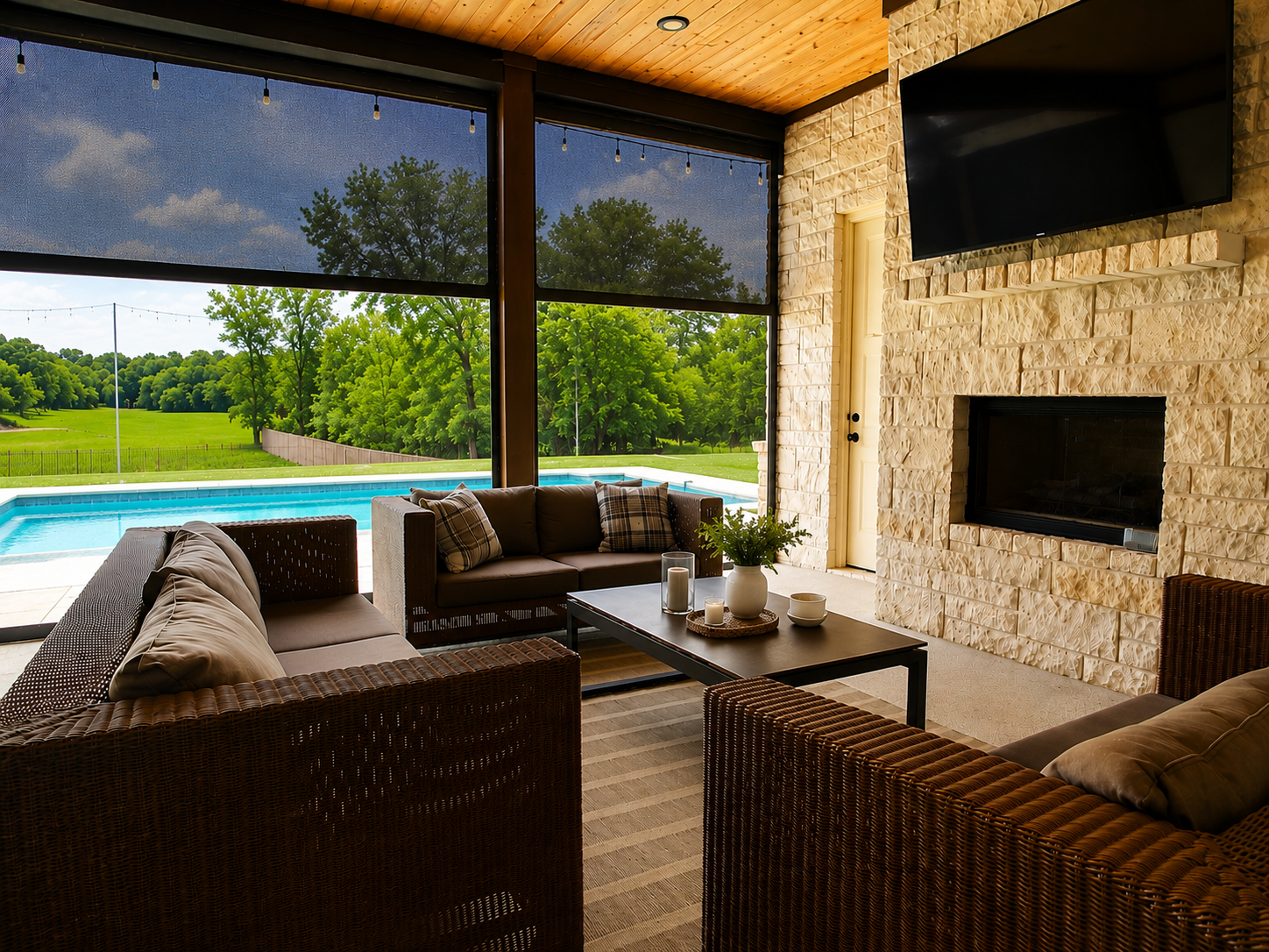 A covered patio with retractable screens, wicker seating and a fireplace overlooking a pool and green lawn in spring light