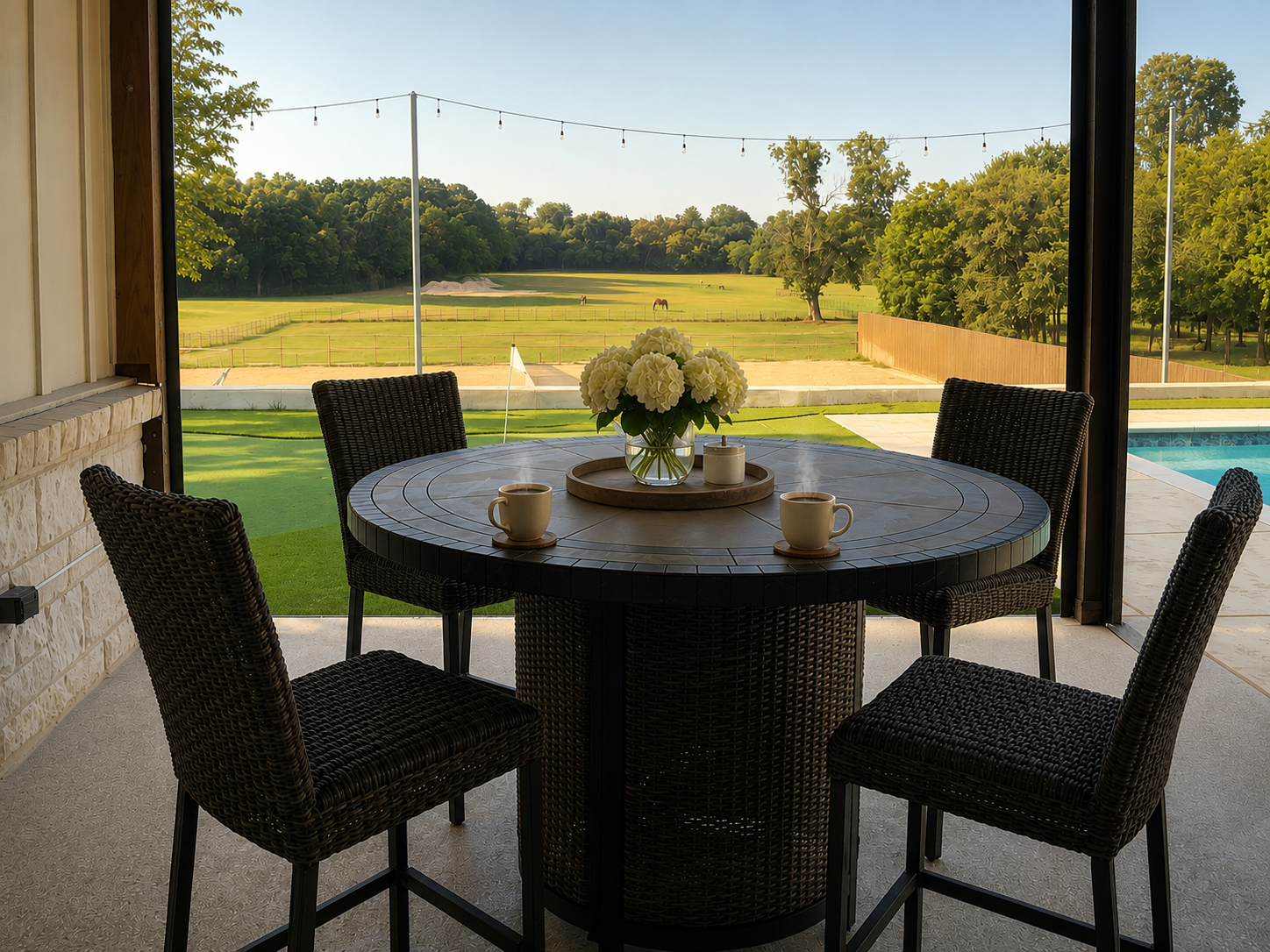 A quiet covered terrace at dawn with a single cup of coffee and soft morning light