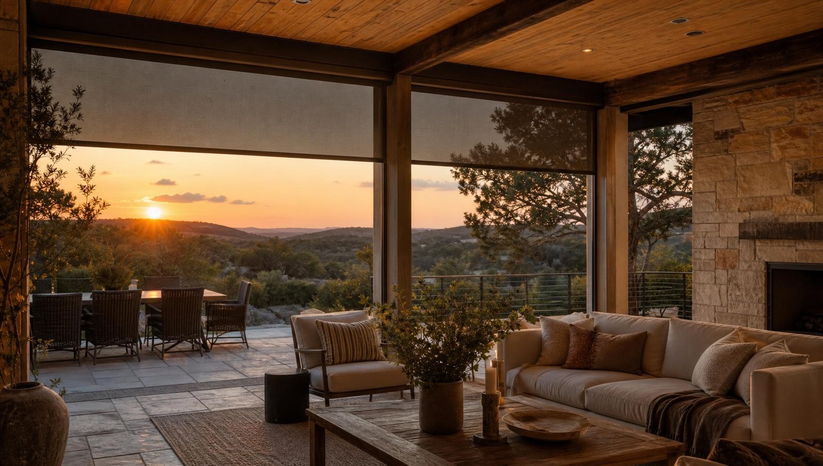 A serene covered outdoor living space at sunset, where architecture quietly opens to the landscape