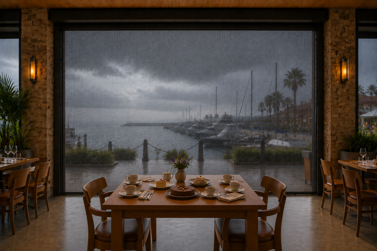 Motorized commercial screens fully lowered around a waterfront restaurant patio, helping protect the outdoor dining area during wind and rain.