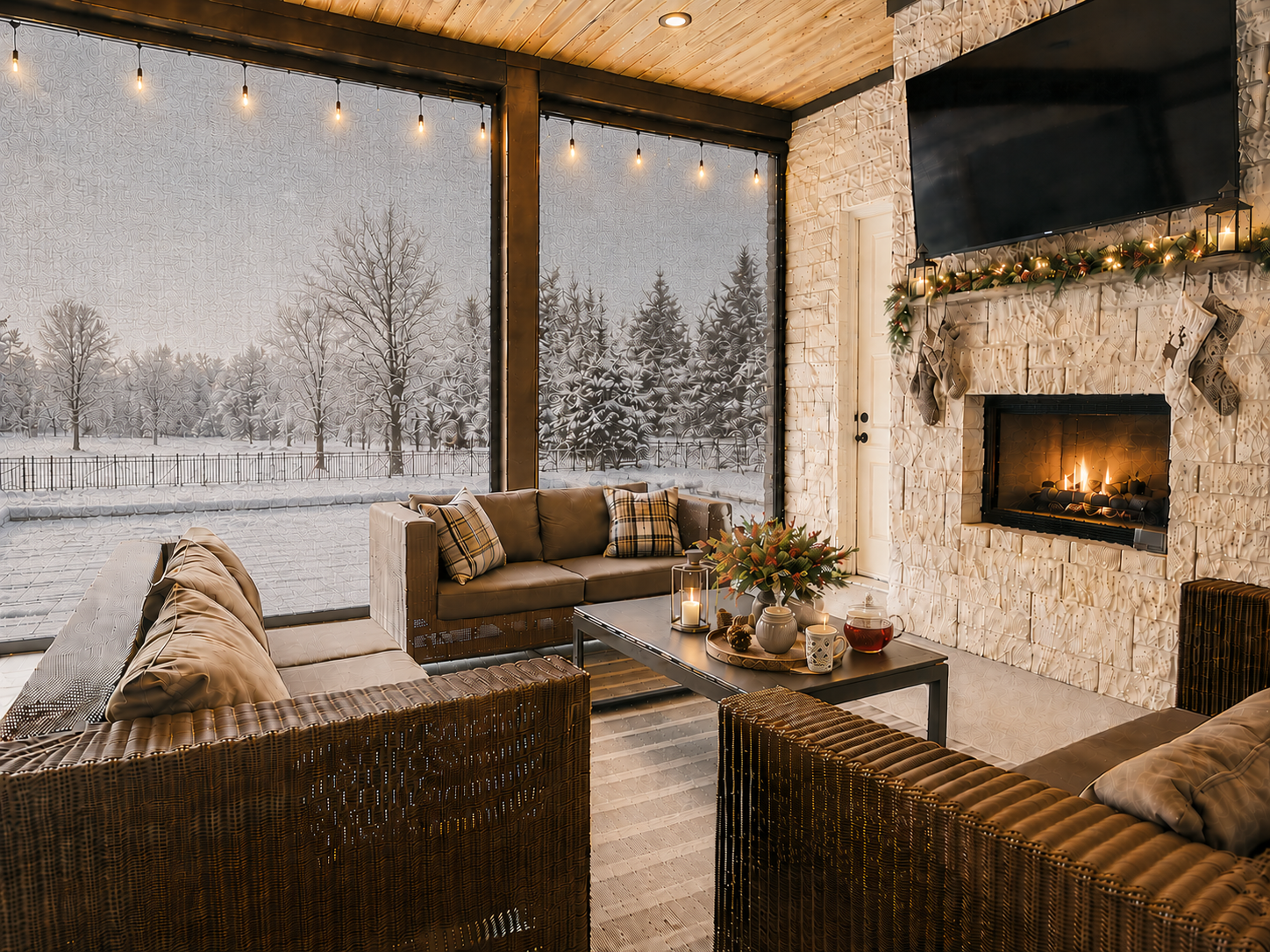 A cozy covered patio in winter with a roaring fireplace, wicker seating, and snow-covered trees visible through retractable screens