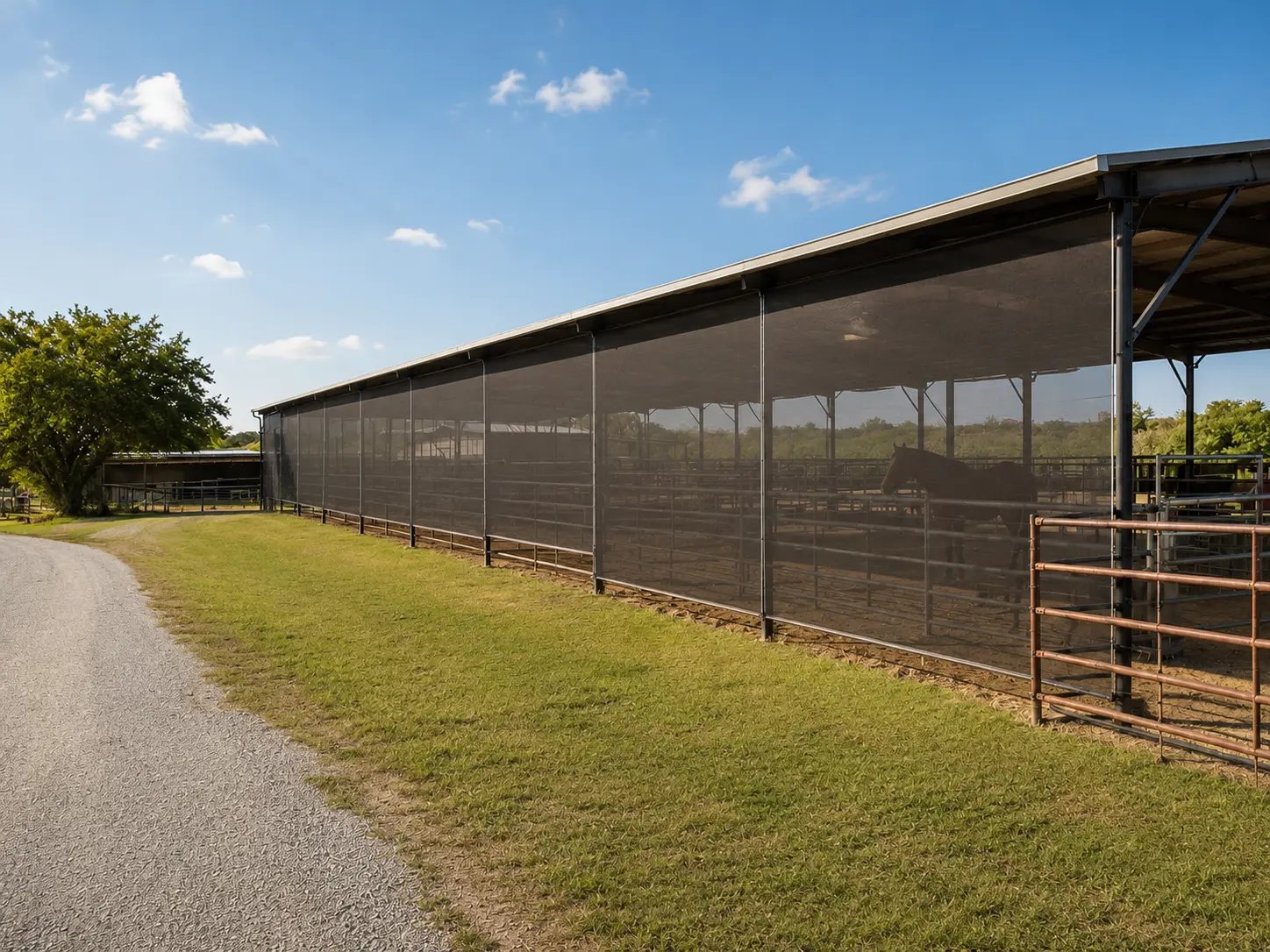 Wind screens for barns installed along a Texas horse facility, providing protection from wind, dust and harsh sun while maintaining airflow.
