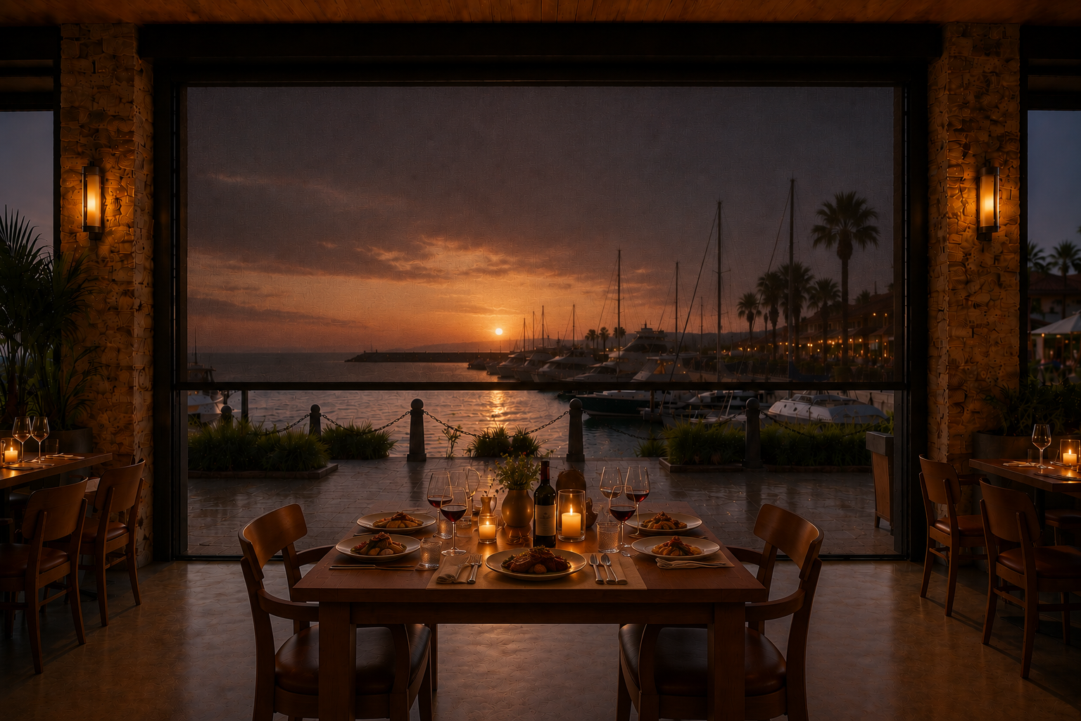 Restaurant patio screens fully lowered at sunset, helping protect the waterfront outdoor dining area from mosquitoes and other insects.