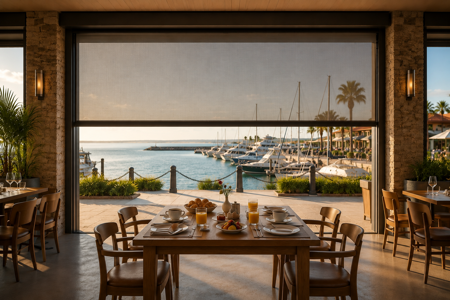 Retractable commercial patio screens partially lowered over a waterfront restaurant dining area, reducing direct sunlight while keeping the patio open.
