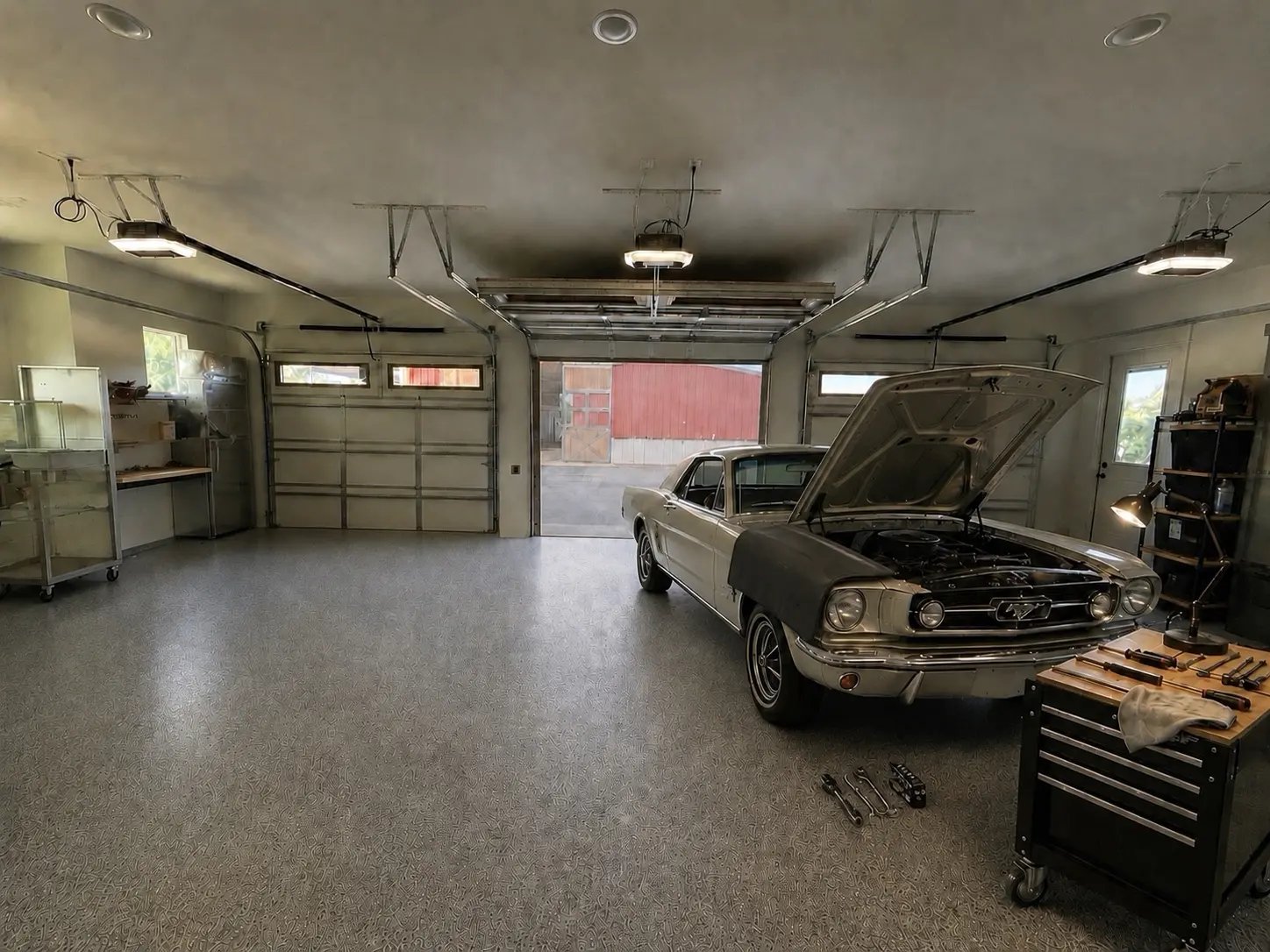 A classic first-generation Mustang rests in a spacious garage, hood open with a dark protective fender cover, tools nearby, the wide entrance fitted with retractable screens for garage doors.