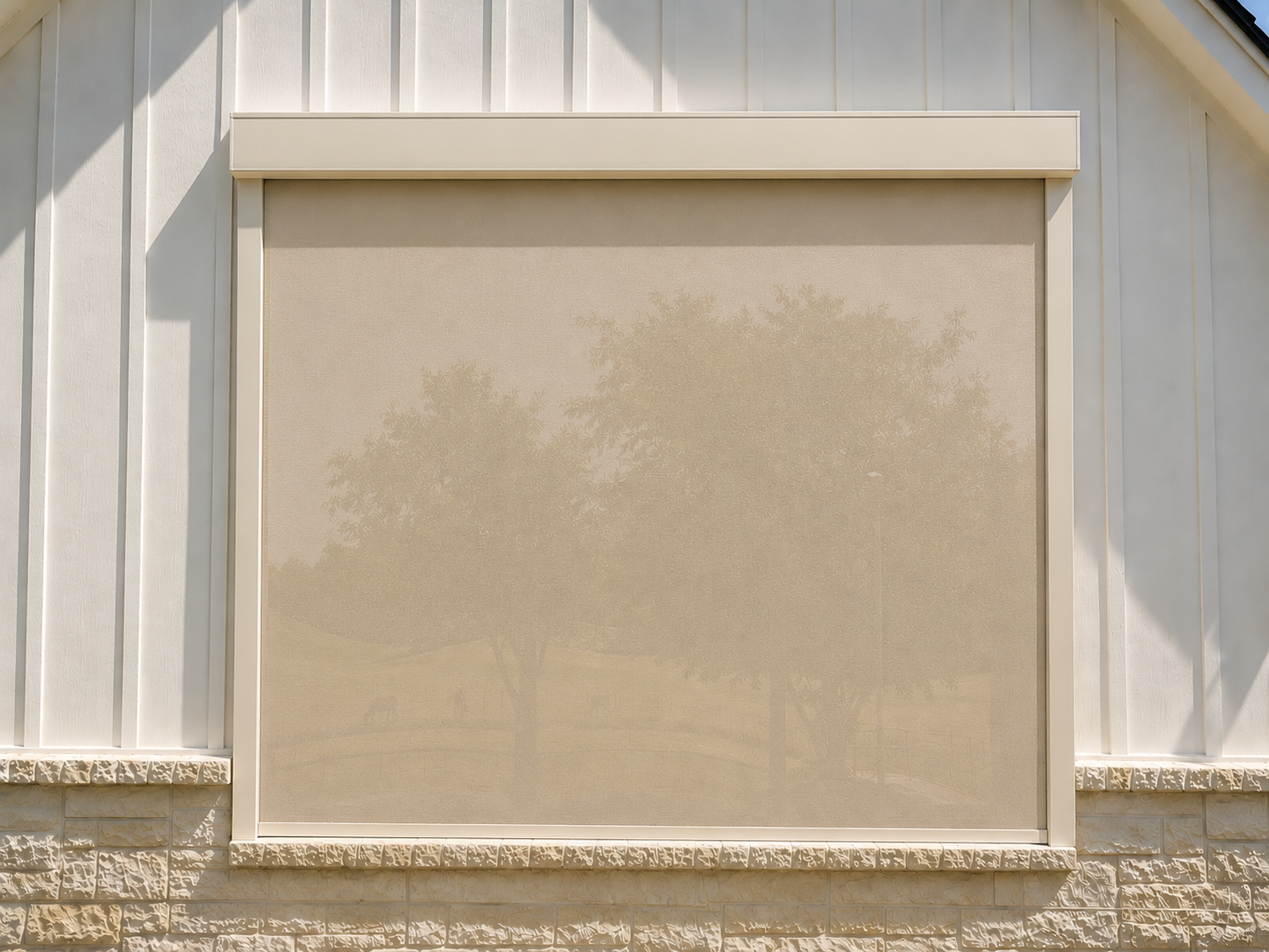 Exterior of a refined Texas home with motorized solar screens near me, clearly lowered in front of the windows.