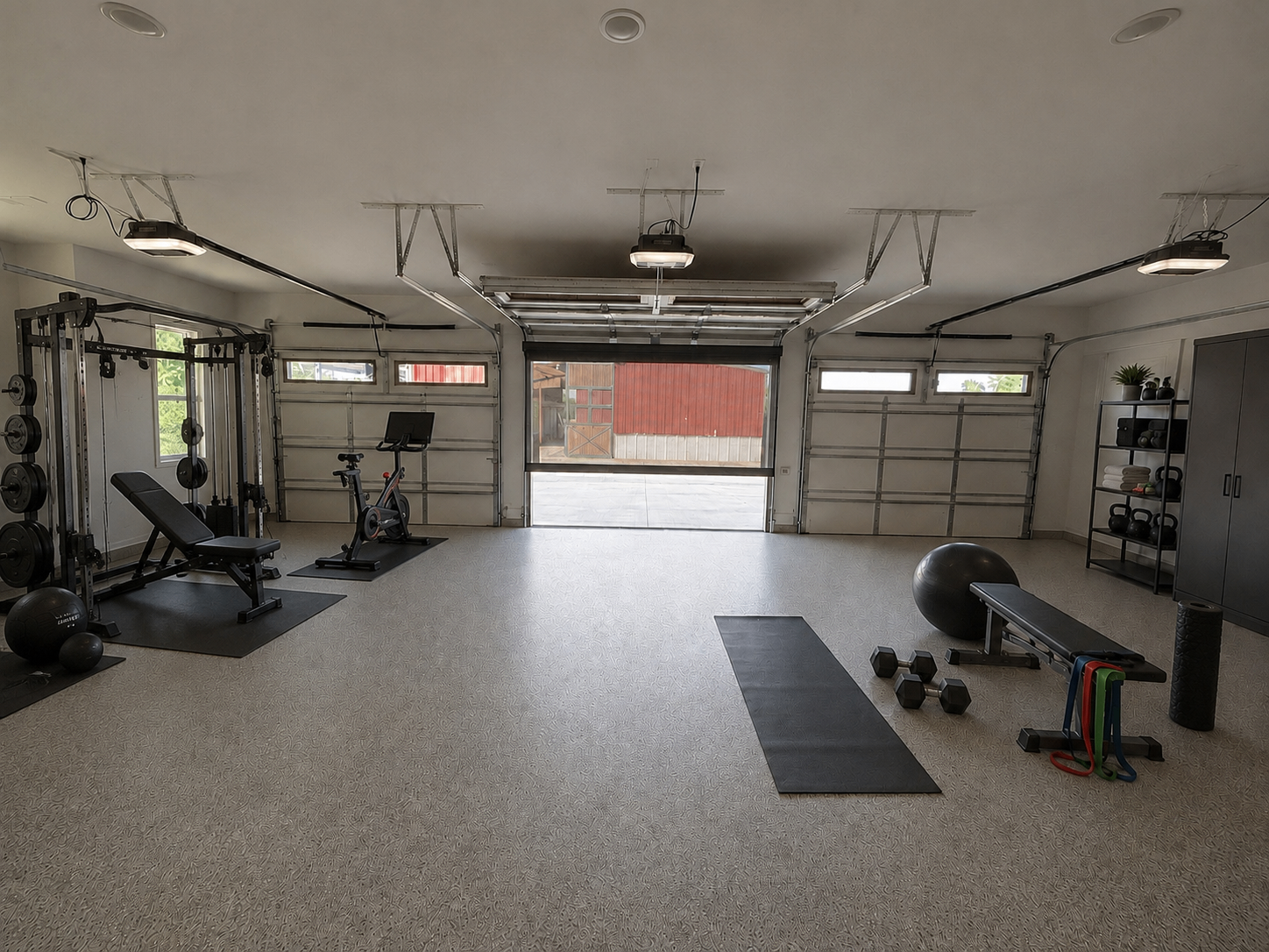 A homeowner stands in the open doorway of their garage, looking in with quiet imagination as motorized garage door screens filter the daylight.