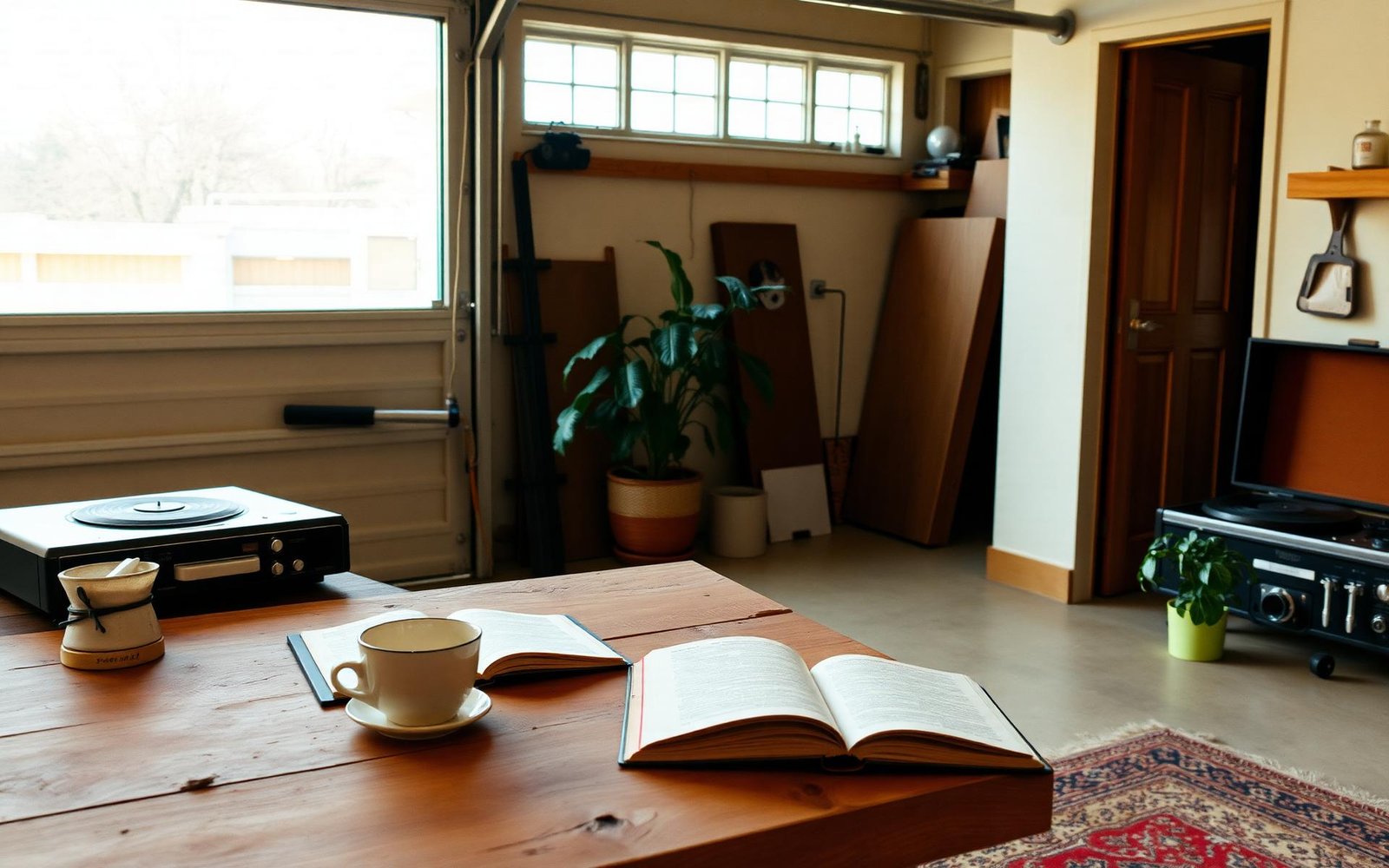 A wooden workbench with coffee and a plant — the garage becoming a room.