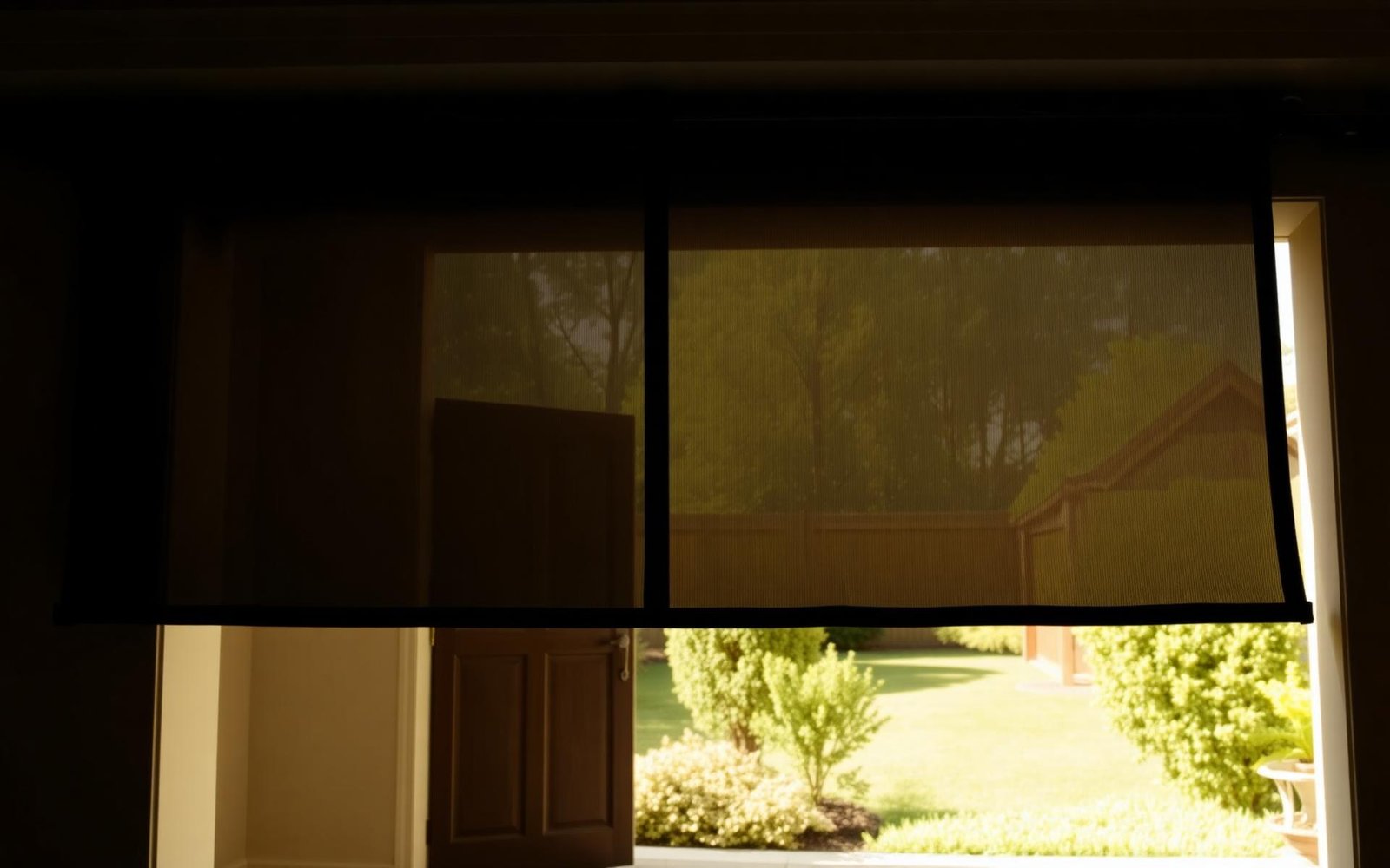A retractable screen diffusing afternoon light across an open garage opening.
