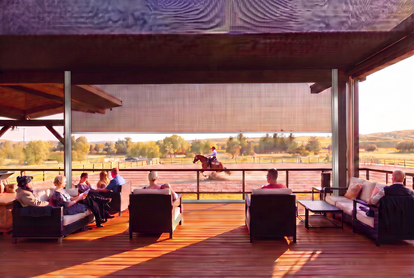 Retractable screens integrated into a Texas ranch outdoor structure, providing shade and comfort while preserving the open ranch surroundings.
