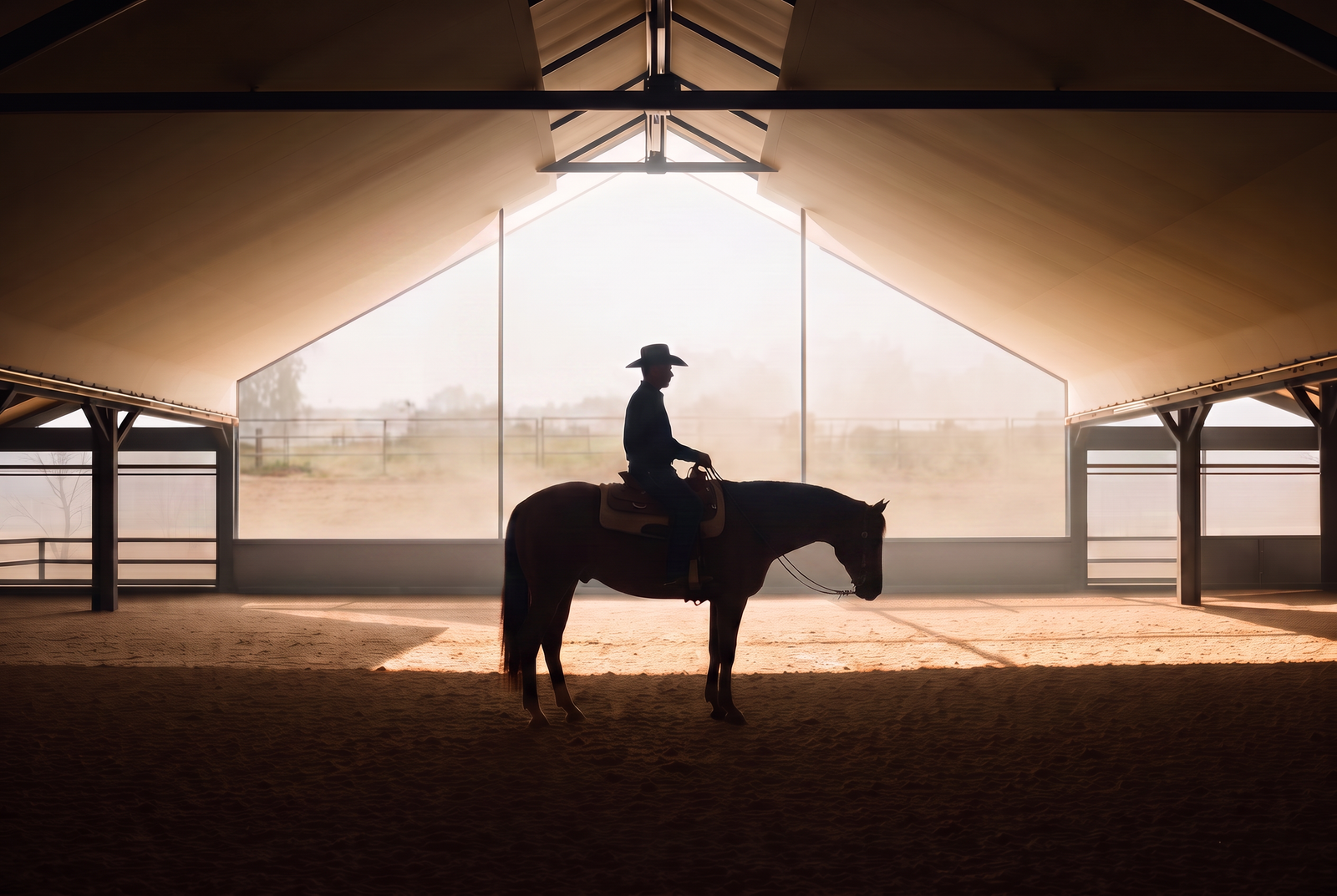 Horse arena screens installed in a covered Texas riding arena, protecting horses and riders from wind and dust while maintaining airflow and visibility.