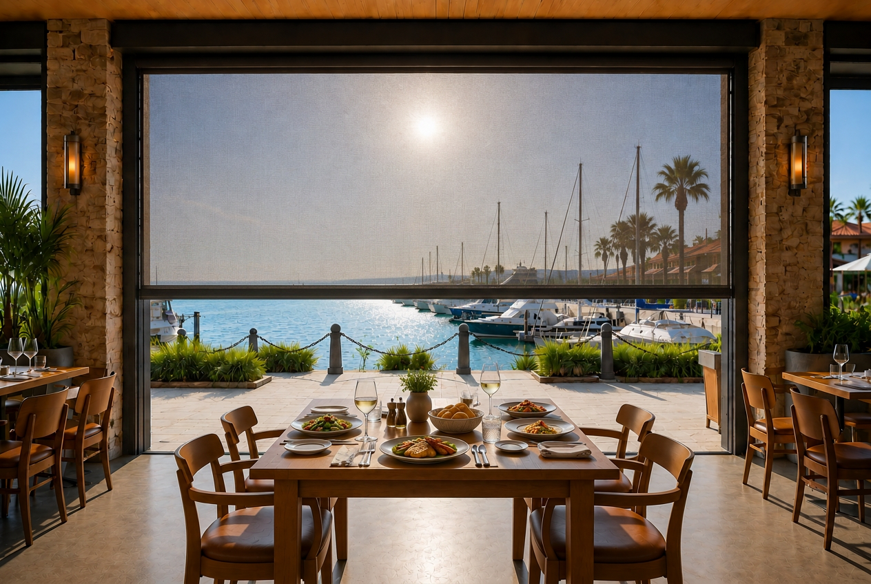 Outdoor restaurant patio screens lowered below table height, reducing wind around the dining area while keeping the waterfront view open.